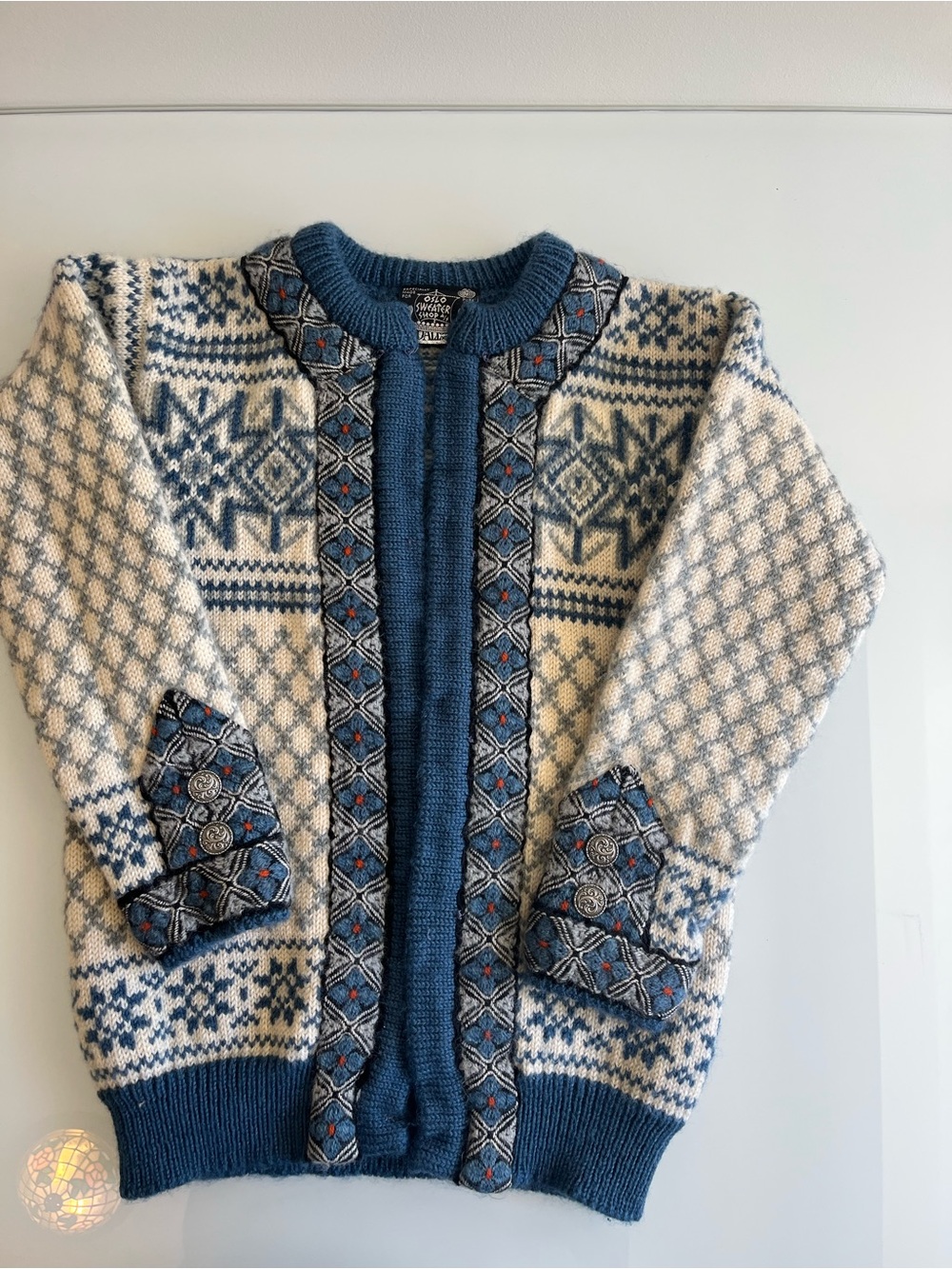 Blue and White Dale of Norway Knit Cardigan with Embroidered Trim
